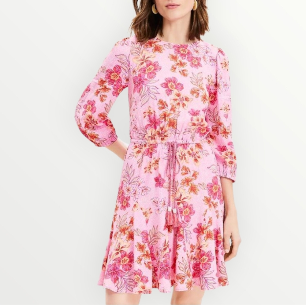 LOFT Floral Print Dress Pink Orange Red M Boho‎ Flowy Lightweight Viscose New